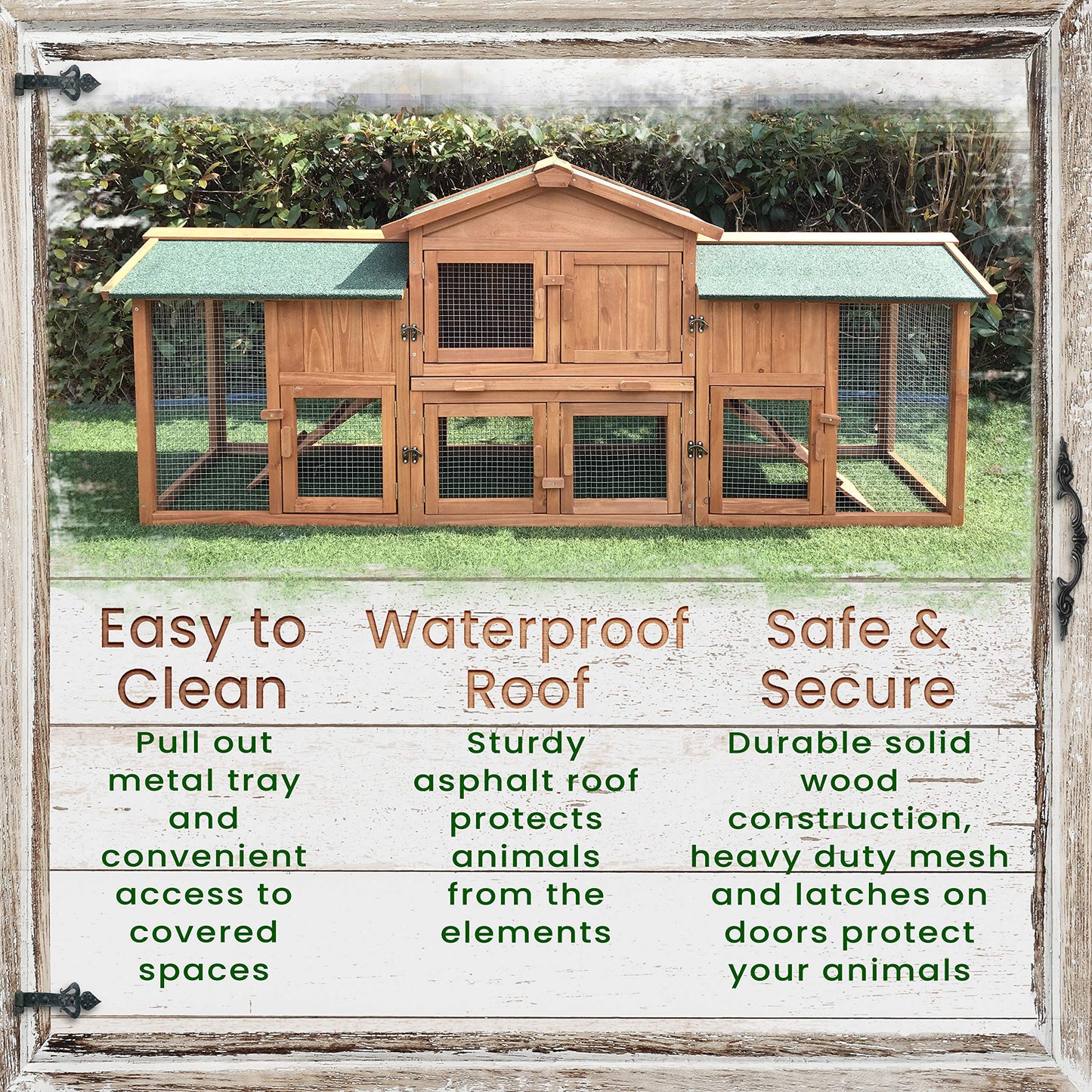 Hanover Durable Two-Level Outdoor Wooden Elevated Rabbit Hutch with Ramp and Large Wire Mesh Run (6.5'x1.7'x2.8') Security Cage for Rabbits, Guinea Pigs with Waterproof Roof, Removable Food Tray