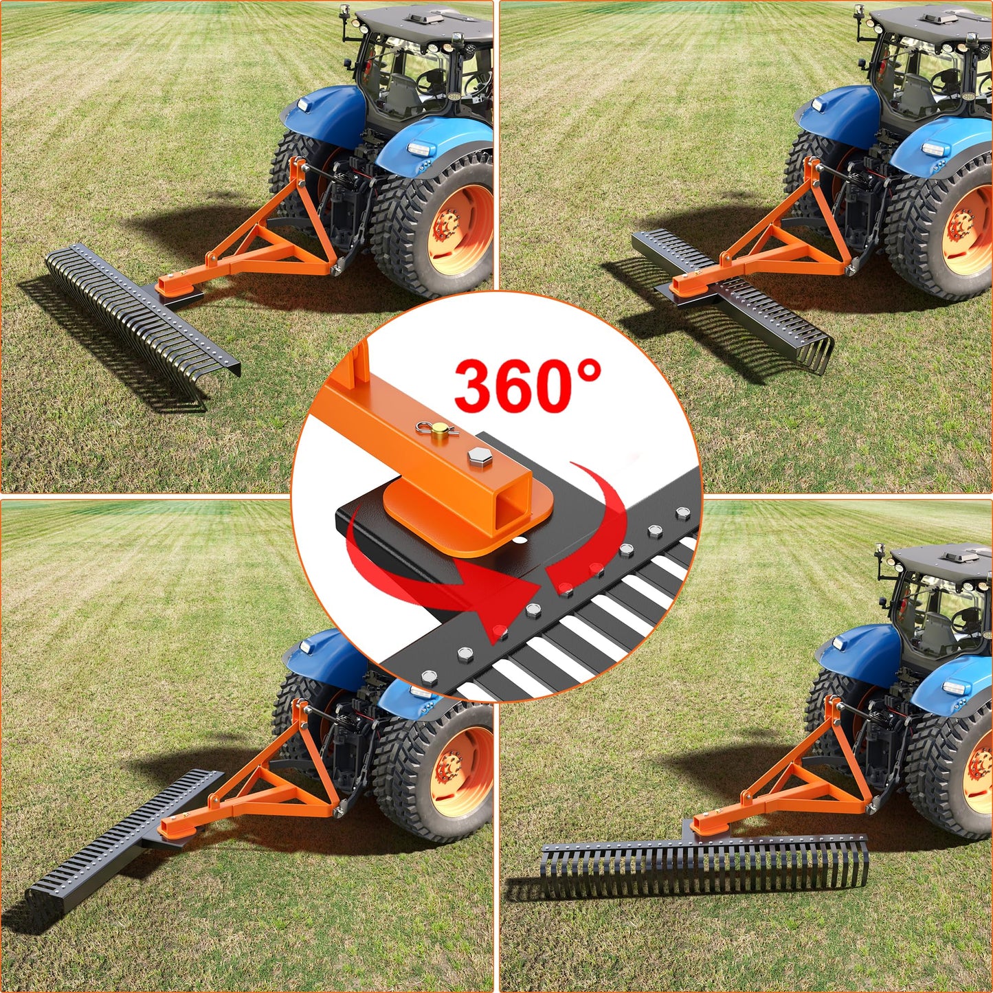 COZONY 3 Point 5FT Landscape Rake, 360 Degree Rotation 60" Rock Rake Fits for Category 1 Hookup, Tow-Behind Garden Tool, Orange