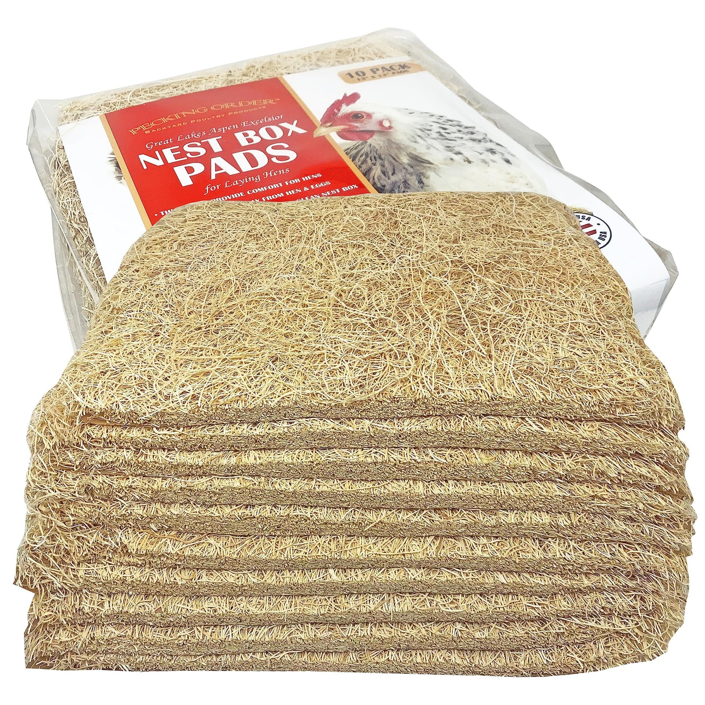 Nest Box Pads for Chicken Nesting Boxes - 13 x 13 Pads Made in USA from Sustainably Sourced Aspen Excelsior (10 Pack)
