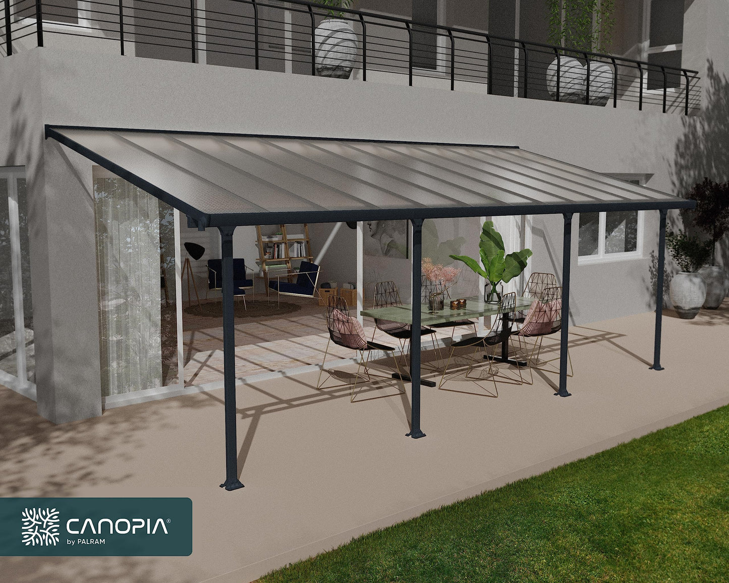 Palram - Canopia Feria Patio Cover 10' x 24' Gray/Clear Outdoor Canopy Awning, Waterproof, Shade, Outside Shelter For Backyard, Gutters, with 100% UV Protection