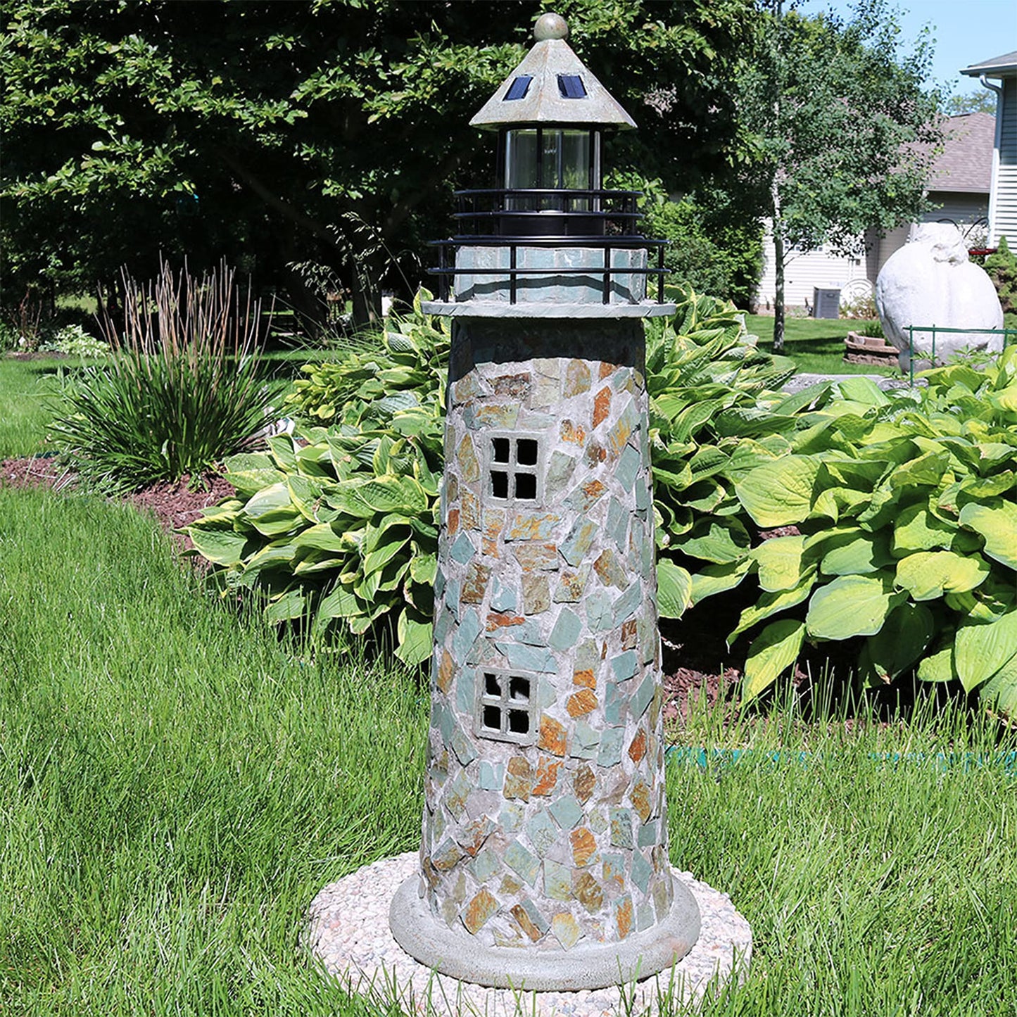 Sunnydaze 35-Inch Outdoor Lighthouse Lamp - Solar Lighthouse Decor with LED Light for Garden, Yard, Patio - Decorative Cobblestone