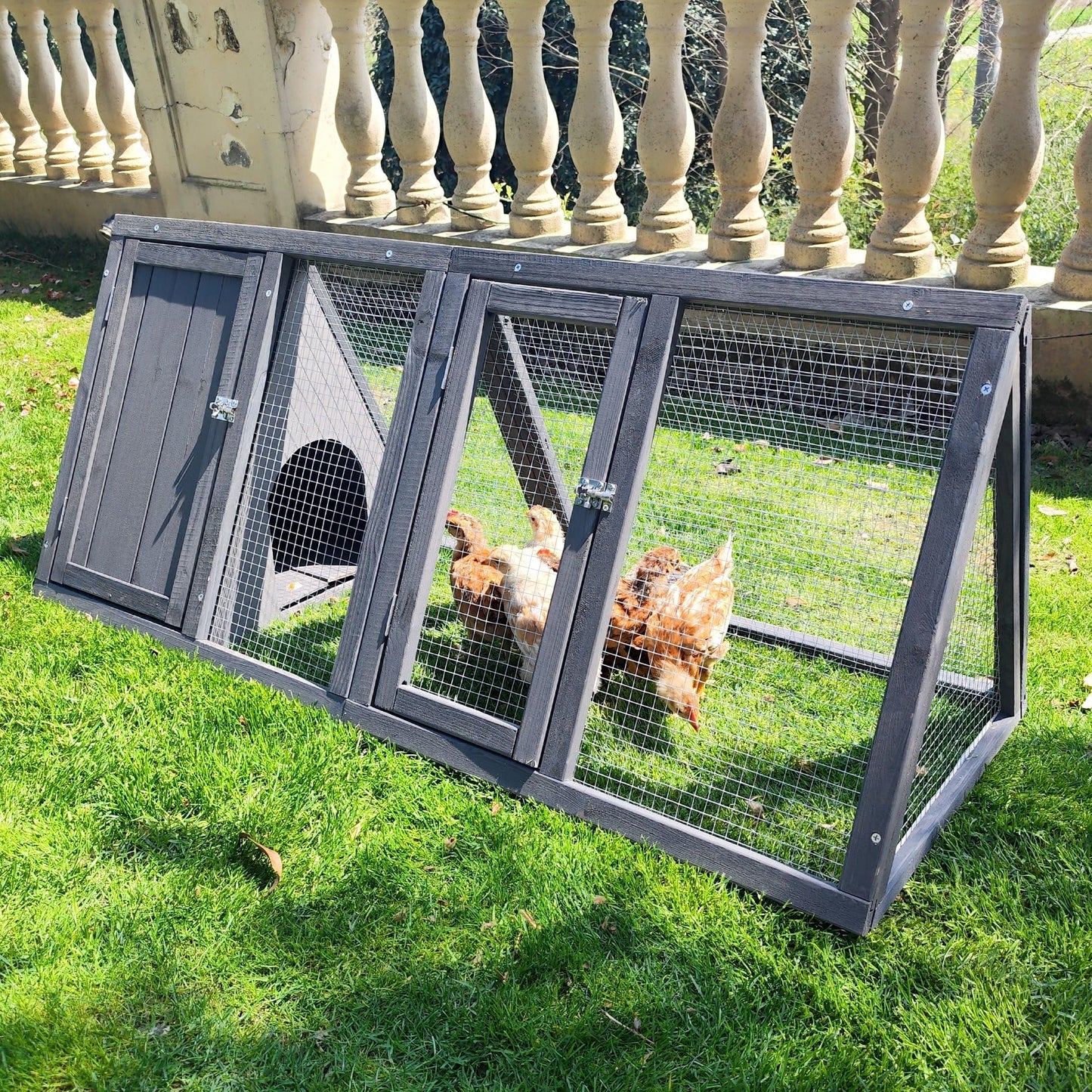 Kecreque Rabbit Hutch Outdoor Chicken Coop Wooden A-Frame Small Animal Cage Quail Cage w/Chicken Run & Ventilated Wire Fence Suitable for Garden Backyard Farms 47 x 18 x 19.5 in (Grey)