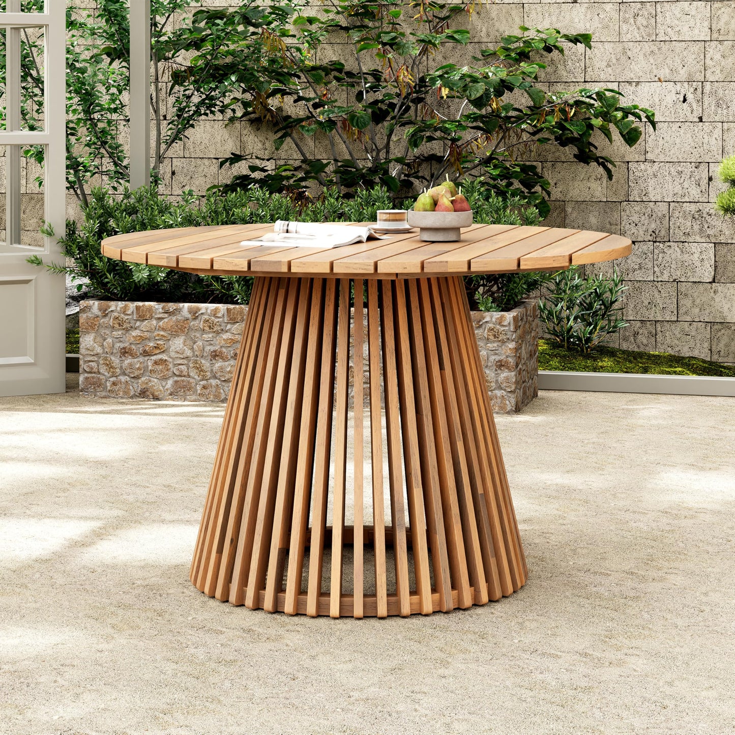 Christopher Knight Home Briar Farmhouse Acacia Wood Round Dining Table, Patio Dining Room Table with Unique Wooden Base for Backyard/Garden, Slatted Design Outdoor Dining Table, Light Teak