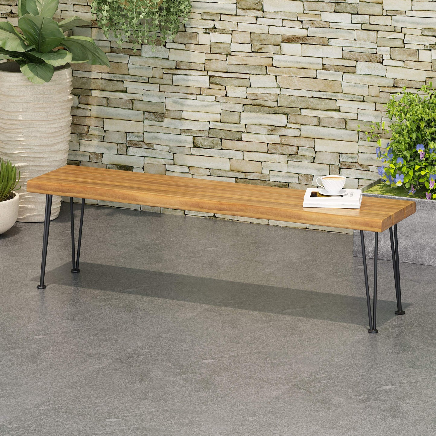Christopher Knight Home Kama Patio Dining 72" Acacia Wood Rectangular Table and Gladys 62" Acacia Wood Outdoor Bench