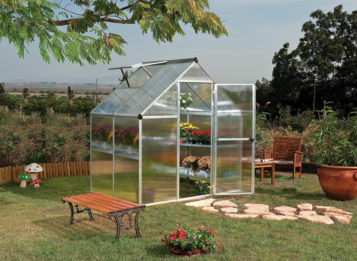 Canopia 6x4 Greenhouse Kit, Hobby Walk-In Twin-Wall UV Polycarbonate Heavy Duty Aluminum Frame, Lockable Door, Adjustable Roof Vent, Rain Gutters, Galvanized Steel Base, Canopia Mythos (Silver)