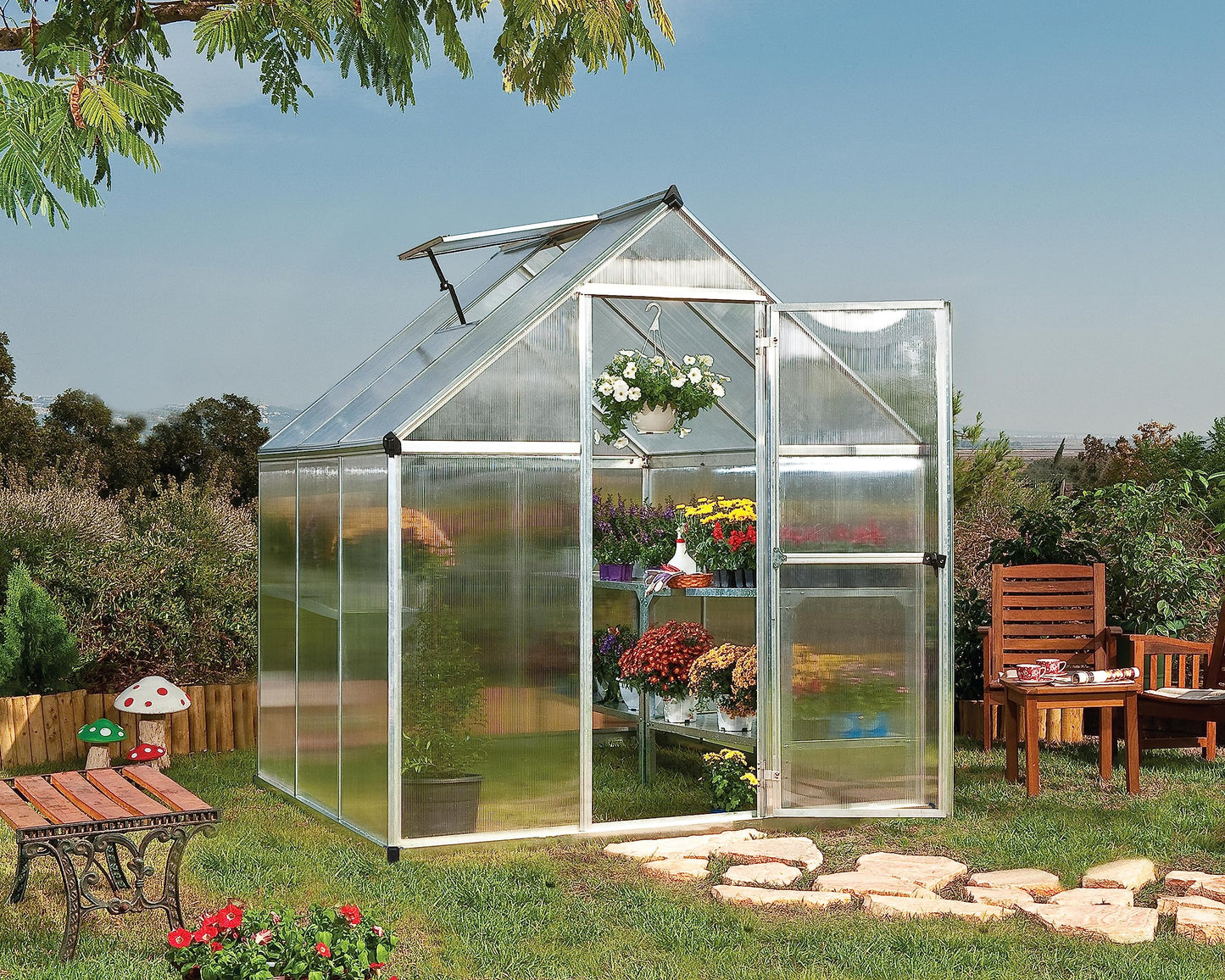 Canopia 6x6 Greenhouse Kit, Hobby Walk-In Twin-Wall UV Polycarbonate Heavy Duty Aluminum Frame, Lockable Door, Adjustable Roof Vent, Rain Gutters, Galvanized Steel Base, Mythos (Silver)