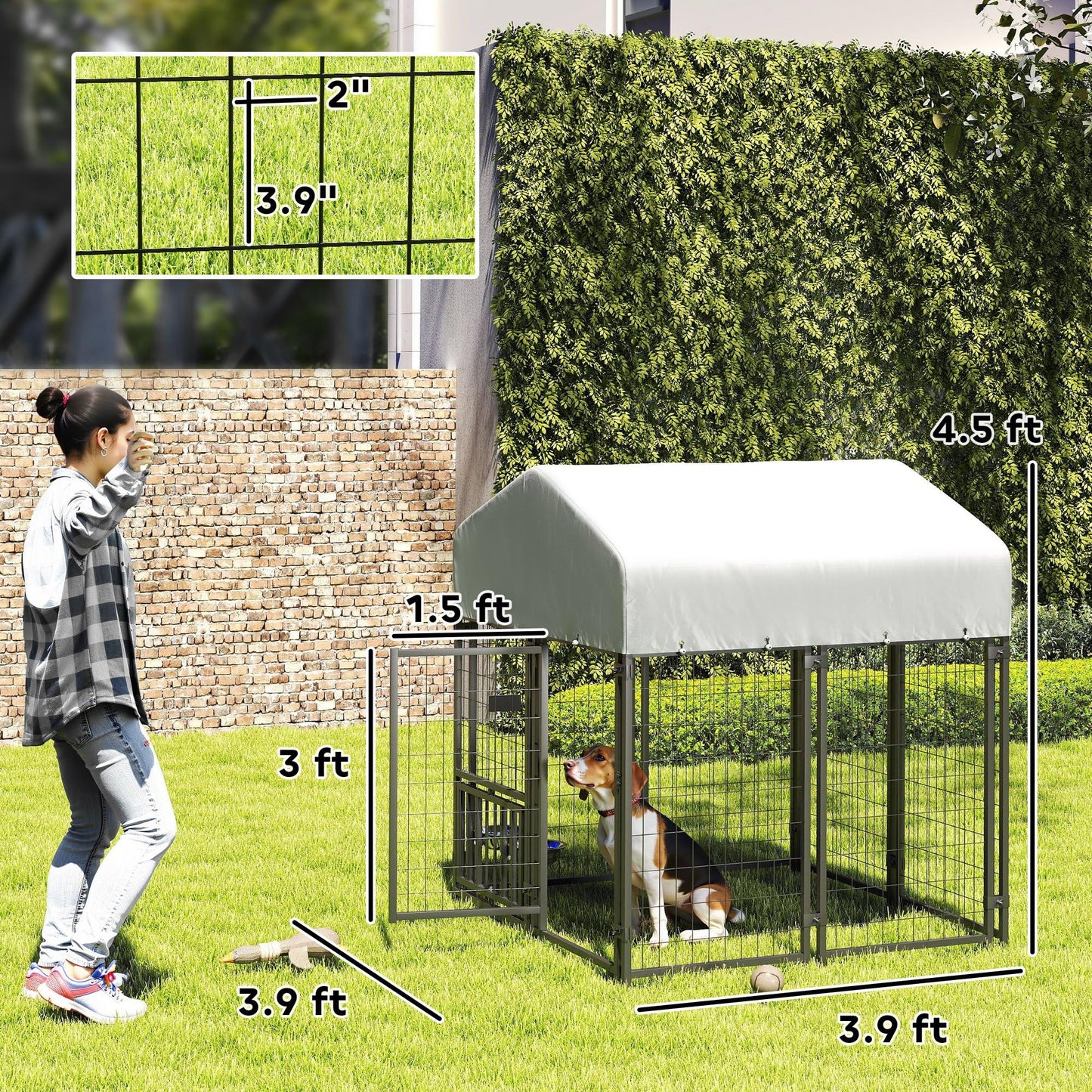 PawHut 4' x 4' x 4.5' Outdoor Dog Kennel, Welded Wire Dog Kennel Outside Run with 360° Rotating & 4 Level Adjustable Bowls, Waterproof & UV Resistant Cover, for S&M Breeds, Chickens, Ducks, Silver