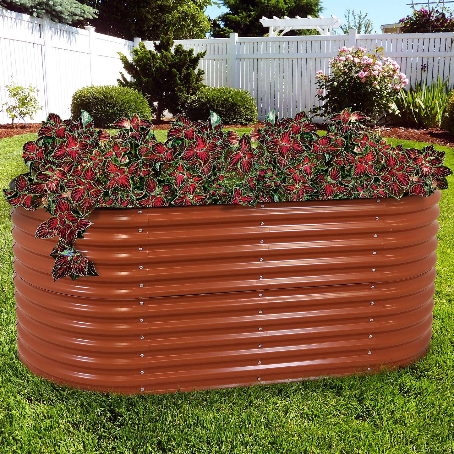 Sunnydaze 79-Inch Oval Raised Garden Bed - Stackable Steel Vegetable Flower Bed Planter Kit with Rubber Edge Trim - Brown