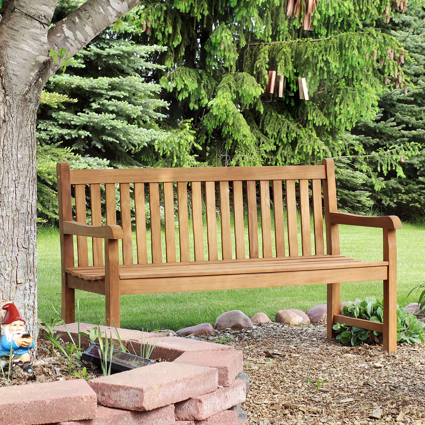 Sunnydaze 2-Person Outdoor Bench for Front Porch or Park - Wooden Teak Patio Garden Bench with Backrest - 675 lb Weight Capacity - Mission