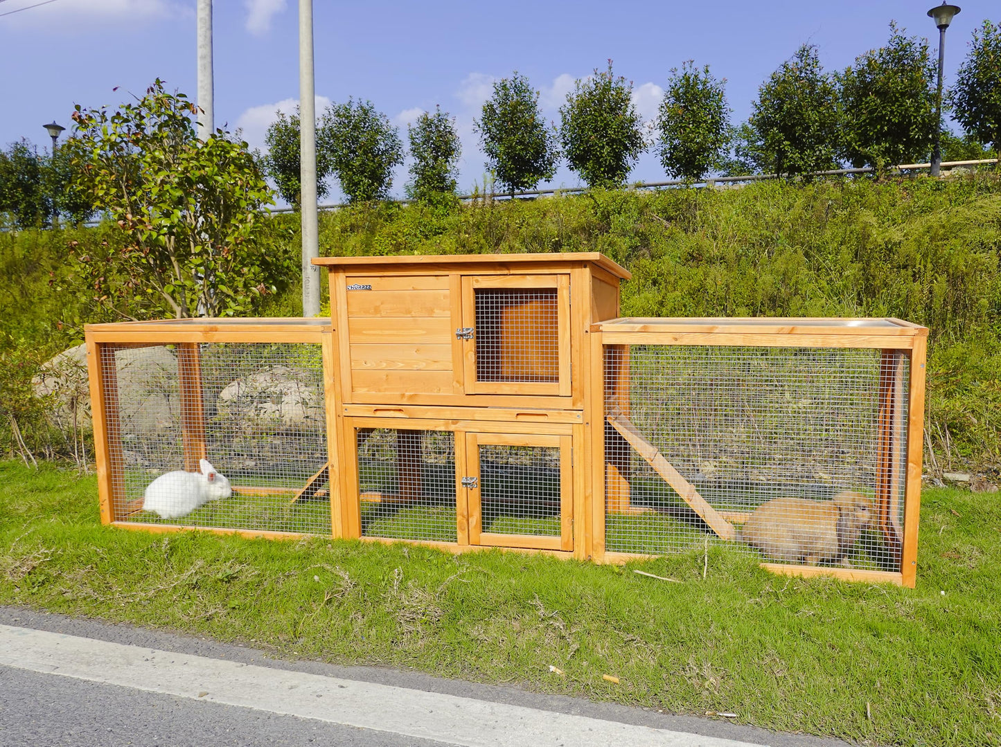 CHURRZZ Outdoor Versatile Wooden Rabbit Cage with Removable Tray, Waterproof Roof, and Ramp for Small Animals,Chicken Coop 31.1×88.19×18.5 Inches