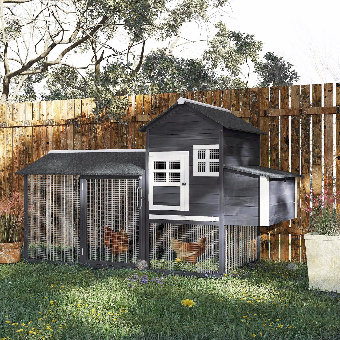 PawHut 84" Wooden Chicken Coop, Hen House Outdoor with Run Nesting Box, Asphalt Roof, Removable Tray, Ramp, Poultry Cage for 2-3 Chickens, Gray