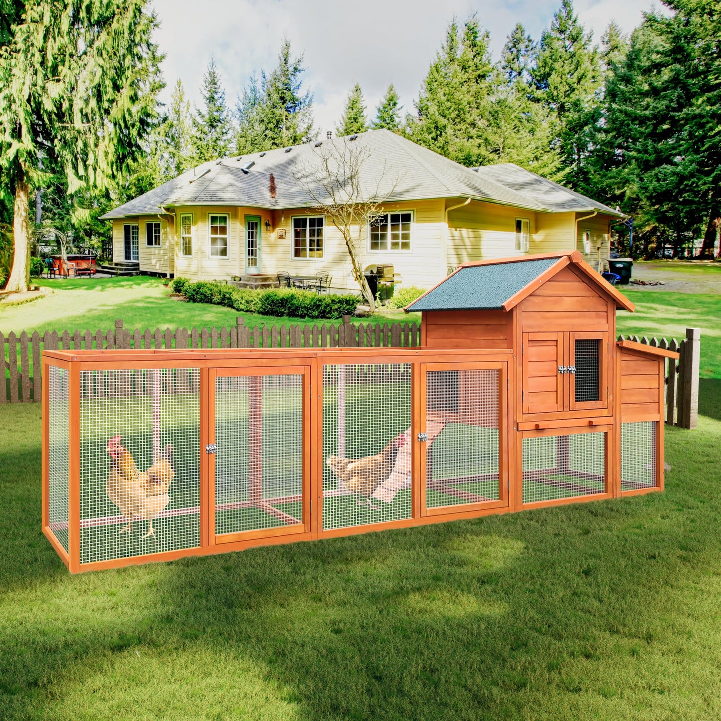 YOPTO 122" Wood Chicken Coop with Nesting Box,Outdoor Chicken Run W/Run&Perch,Wooden Large Hen House W/Ramp&Sliding Trays,Waterproof Poultry Cage W/Sloped Asphalt Roof,for Backyard Farm Use,Natural