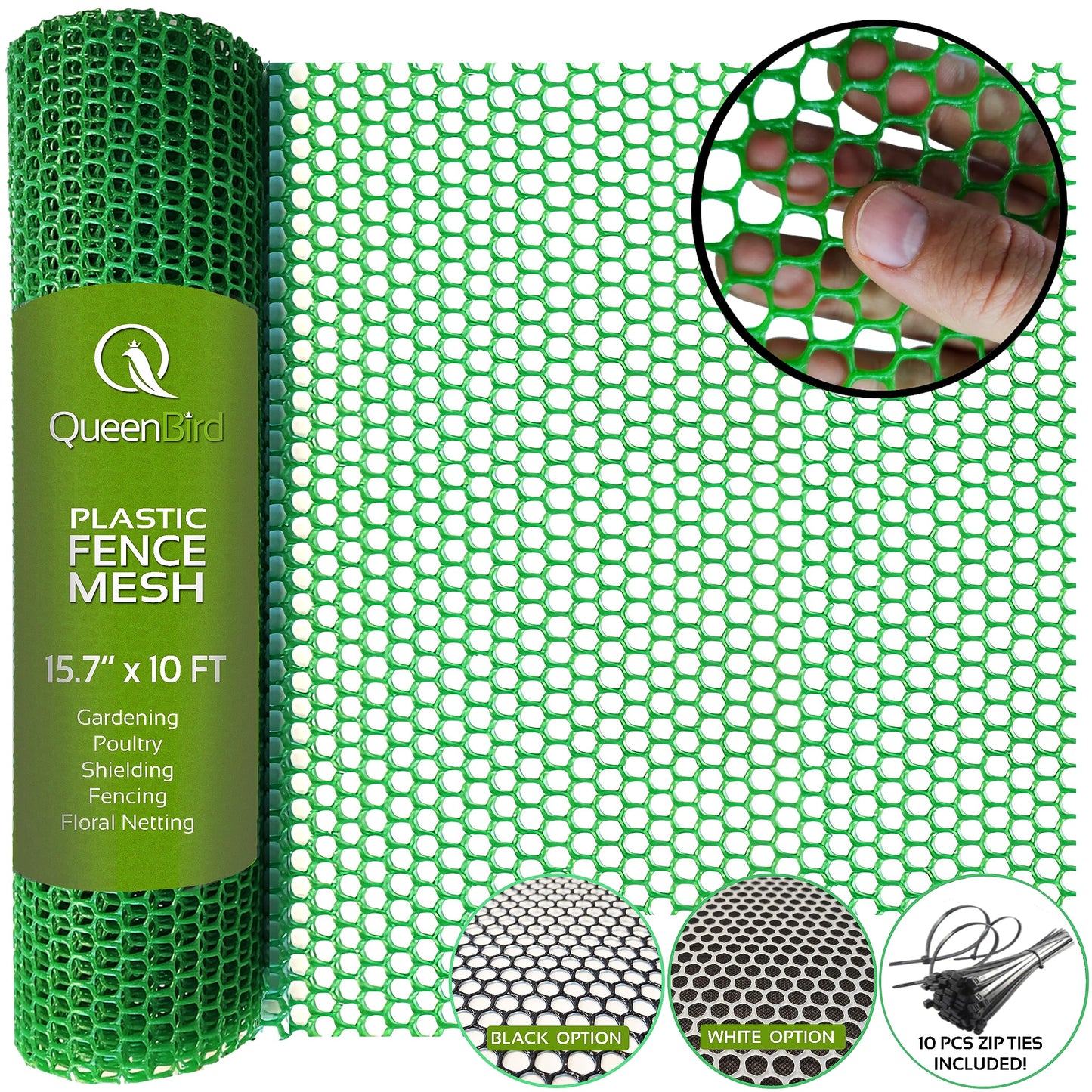 QueenBird Green Plastic Wire Mesh Fence 15.7IN x 10FT Roll - Ideal for Poultry, Dogs, Rabbit, Snake Barrier & Gardening - Durable Plastic Chicken Wire Mesh - Versatile Plastic Fencing&Netting Solution