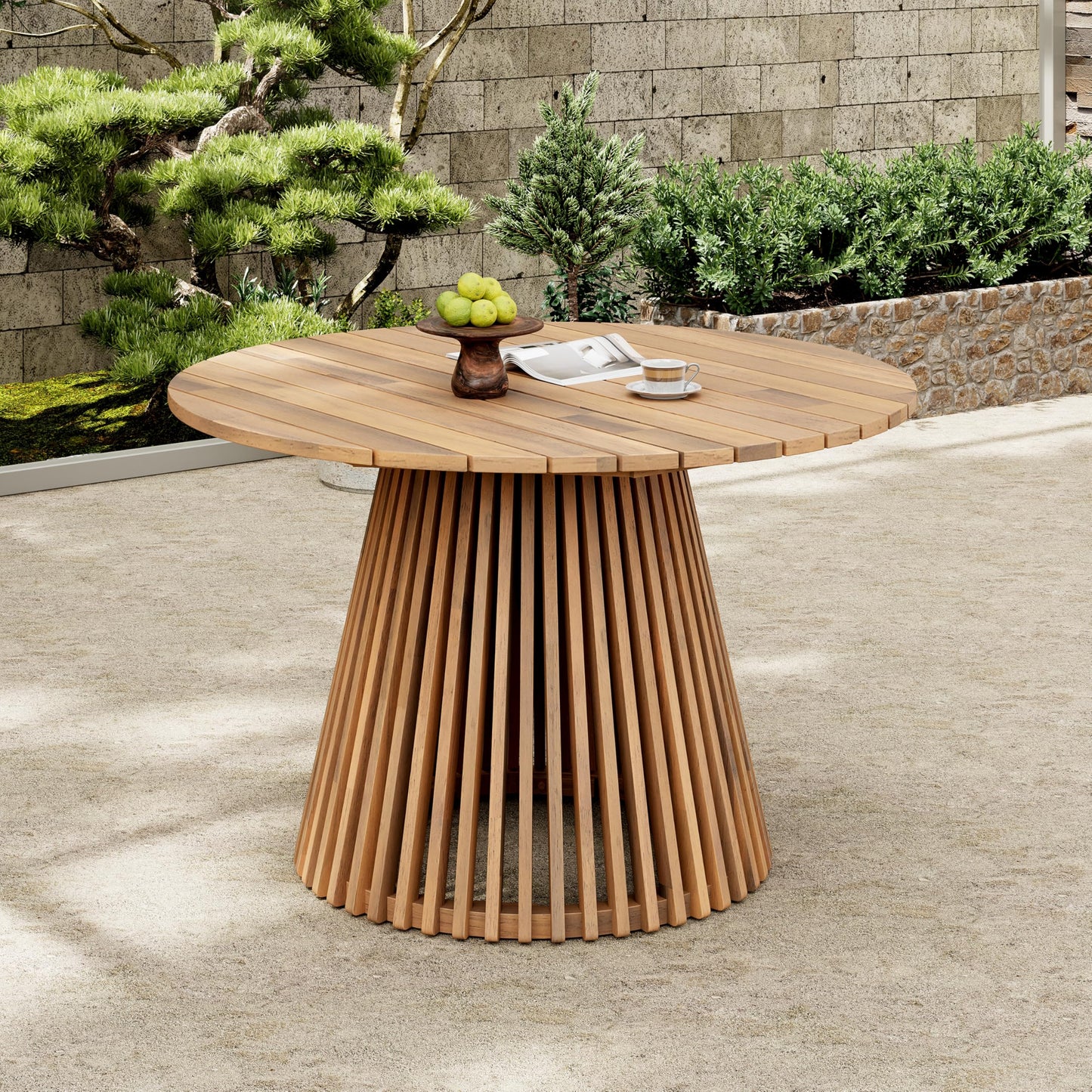 Christopher Knight Home Briar Farmhouse Acacia Wood Round Dining Table, Patio Dining Room Table with Unique Wooden Base for Backyard/Garden, Slatted Design Outdoor Dining Table, Light Teak