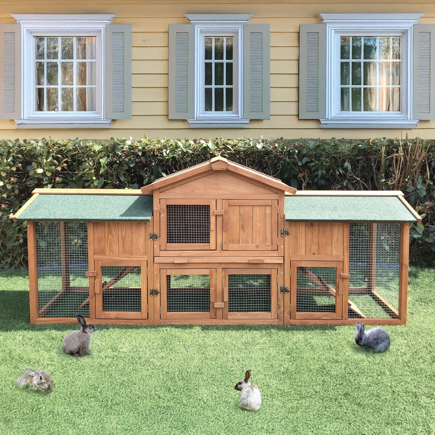 Hanover Durable Two-Level Outdoor Wooden Elevated Rabbit Hutch with Ramp and Large Wire Mesh Run (6.5'x1.7'x2.8') Security Cage for Rabbits, Guinea Pigs with Waterproof Roof, Removable Food Tray
