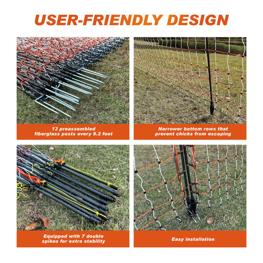Poultry Electric Netting Fence - 41.3''H (can be Manually Raised to 53.1''H) x 98.5'L for Flying Chicken, Sheep, Goats in Farms, Ranches and Gardens, PK1