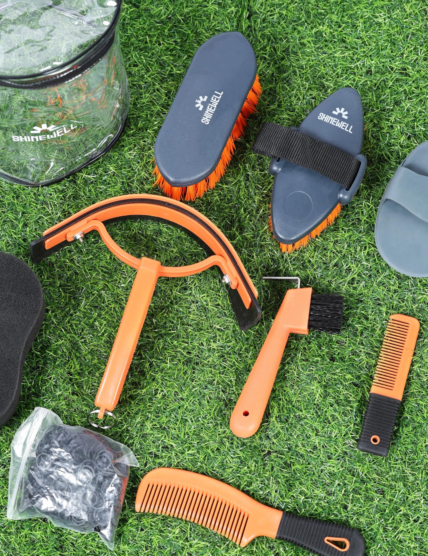 Shinewell Horse Grooming Brushes Kit 9 pieces with Organizer Bag Grooming Care Series Horse Brush Sets Orange