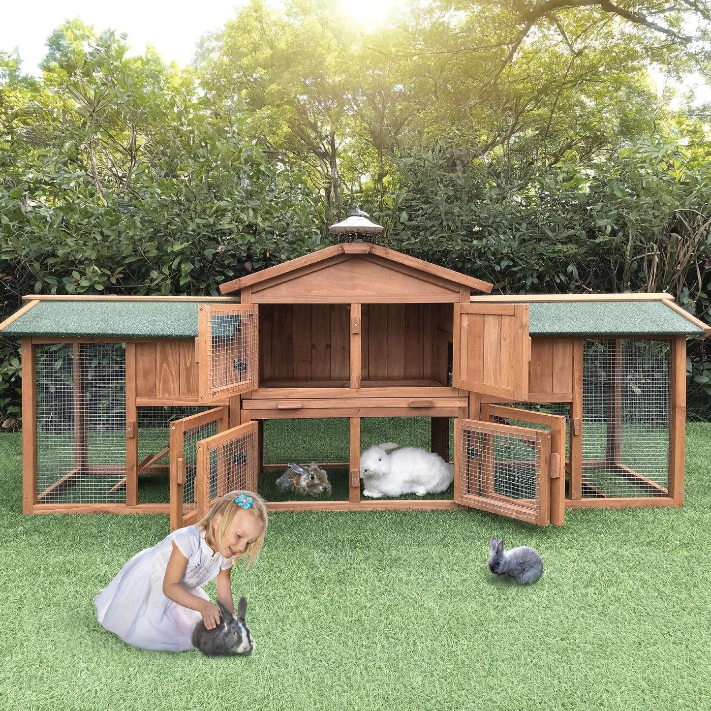 Hanover Durable Two-Level Outdoor Wooden Elevated Rabbit Hutch with Ramp and Large Wire Mesh Run (6.5'x1.7'x2.8') Security Cage for Rabbits, Guinea Pigs with Waterproof Roof, Removable Food Tray