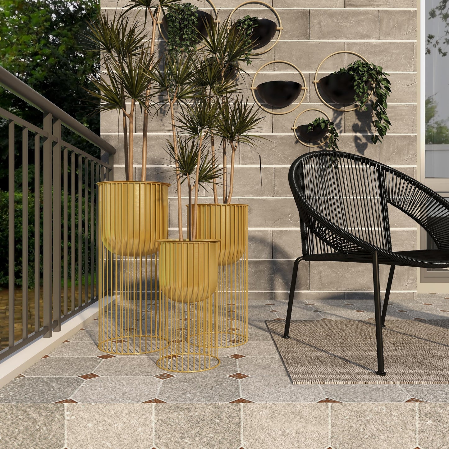 Deco 79 Metal Indoor Outdoor Planter Deep Recessed Dome Large Planter Pot with Elevated Caged Stand, Set of 3 Planters 24", 20", 16"H, Gold