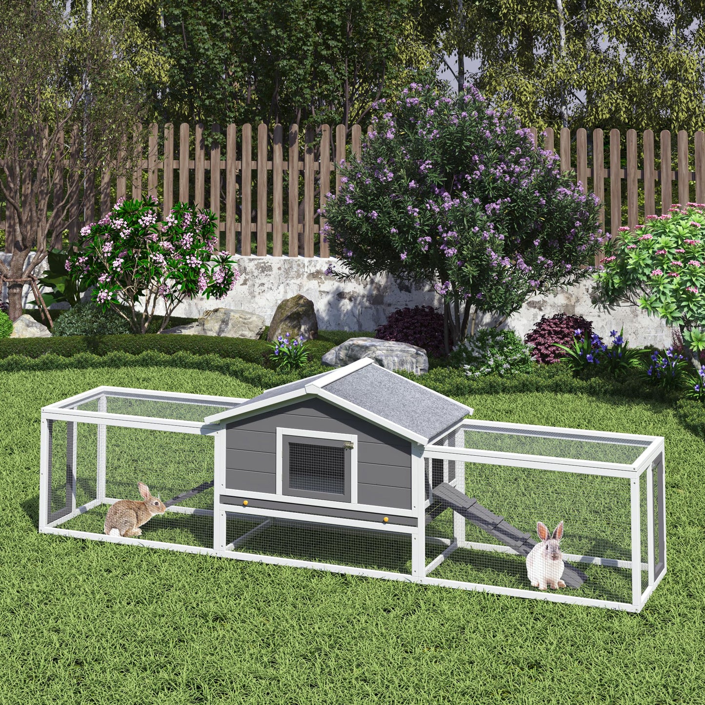 KEIKI 121.6" Extra Large Wooden Rabbit Hutch, 2 Story Bunny Hutch Poultry Pet House with Ramps, Pull-Out Tray, Double Side Runs, Waterproof Asphalt Roof, Lockable Doors for Small Animals, Gray & White