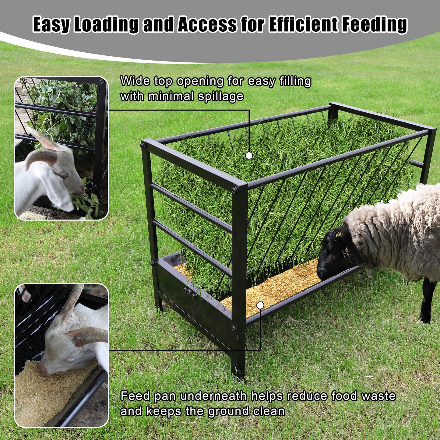 Large Pasture Hay Feeder 71Gallon, 2 in 1 Livestock Hay and Grain Feeder for Goat Sheep Horse, Galvanized Steel Livestock Feeders with Top Rack & Feeding Trough, Easy to Install for Farms Shed Outdoor