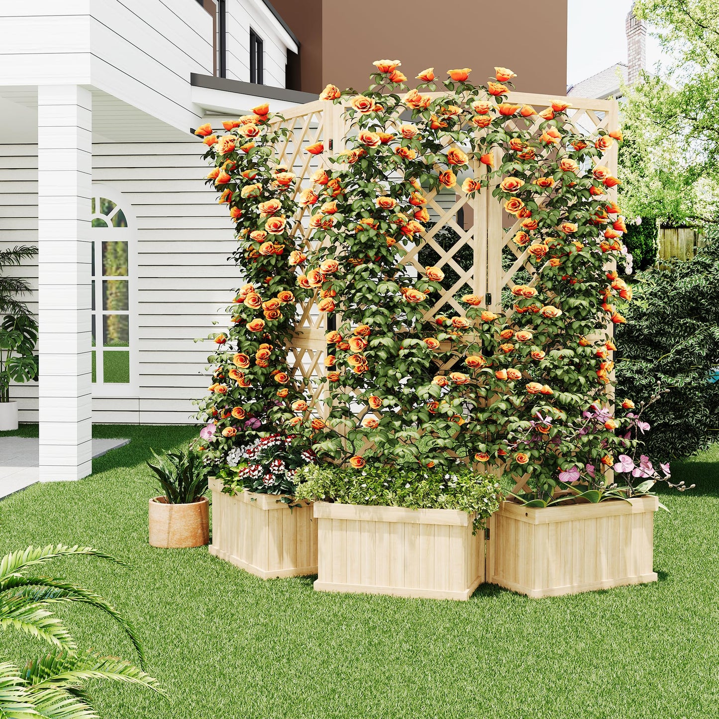 Cedar Privacy Screen with Planter Box - 62"x 10"x 65" Freestanding Outdoor Fence Panel, 3 Hinged Garden Screen with Drainage Holes, Raised Bed Kit for Patio, Backyard, Deck Natural Wood Trellis