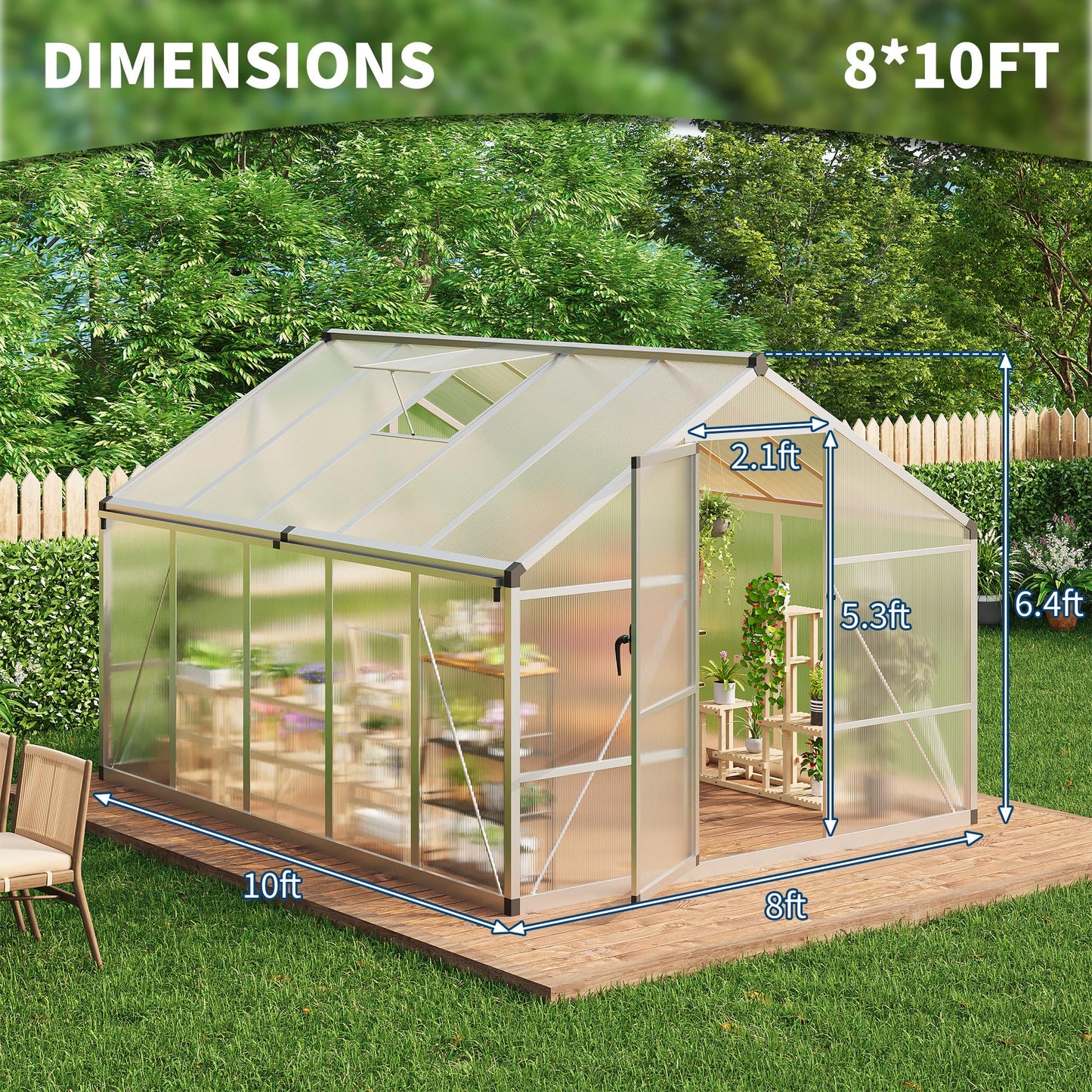 8×10 FT Greenhouse, Large Walk in Greenhouses for Outdoors and Garden Planting, Polycarbonate Greenhouse with Enhanced Aluminum Frame, Green Houses with Quick Setup Structure and Roof Vent, Silver