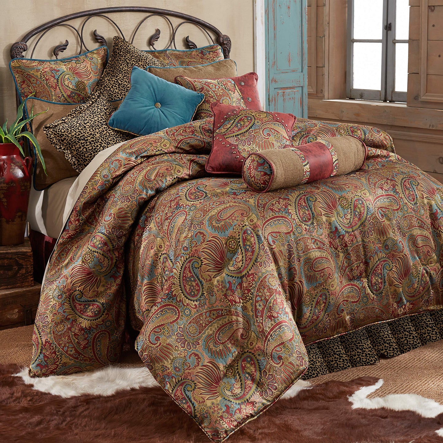 H HIEND ACCENTS Paseo Road San Angelo 4 Piece Comforter Set, Full, Paisley Pattern, Leopard Bed Skirt, Western Rustic Farmhouse Style Bedding Set, 1 Comforter, 1 Bedskirt, 2 Pillow Shams